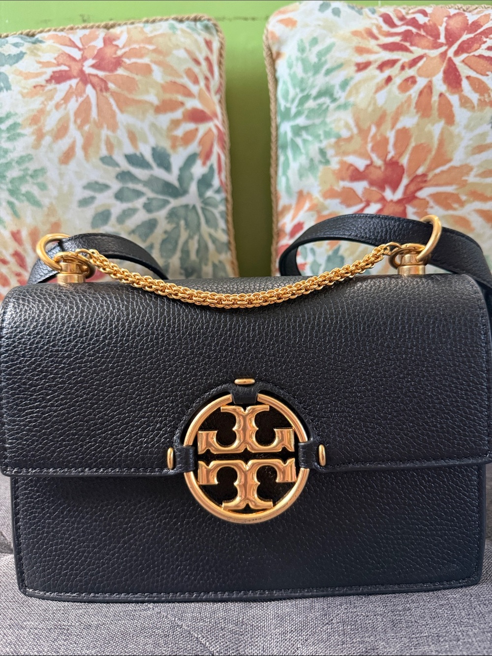 Tory Burch Black Leather Crossbody with Gold Logo Chain